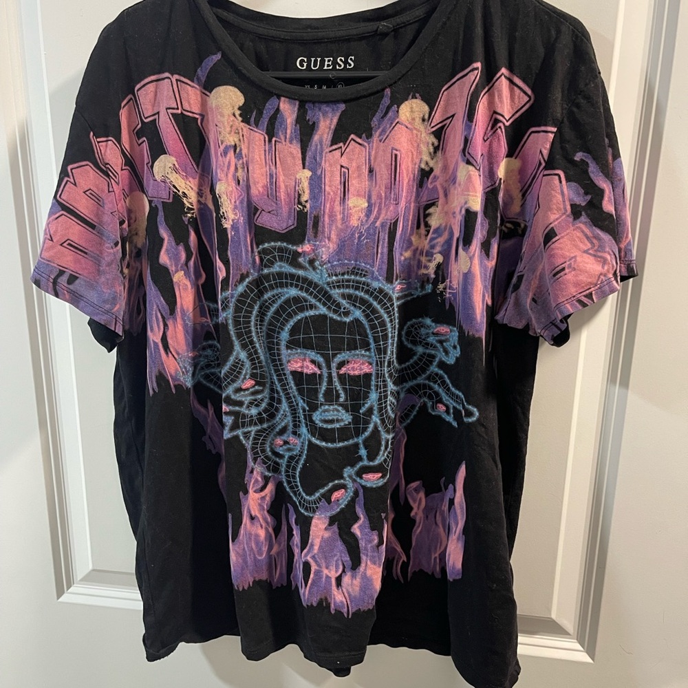 GUESS Black Graphic Medusa Tee with Pink & Purple Flames